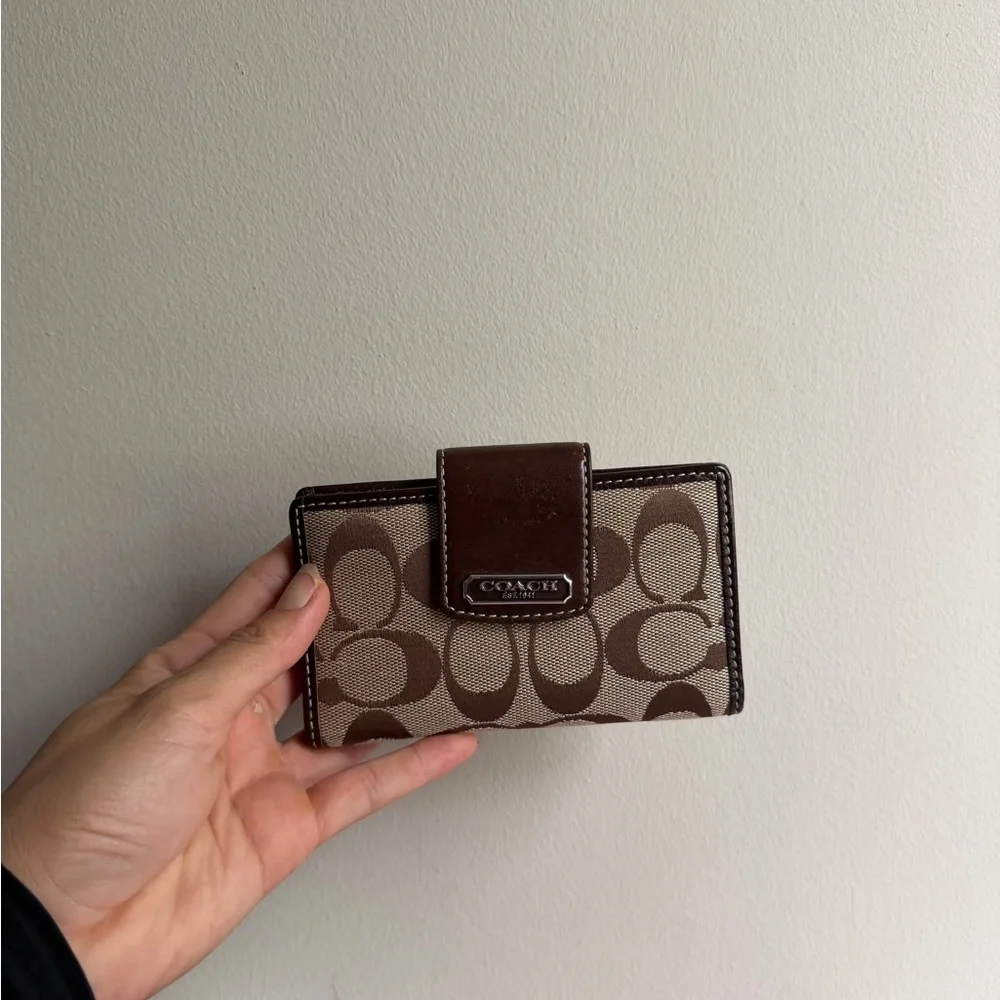Coach Brown Signature Canvas Compact Wallet - Picture 2 of 5